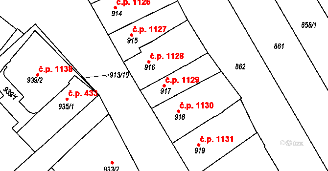 Rousínov 1129 na parcele st. 917 v KÚ Rousínov u Vyškova, Katastrální mapa