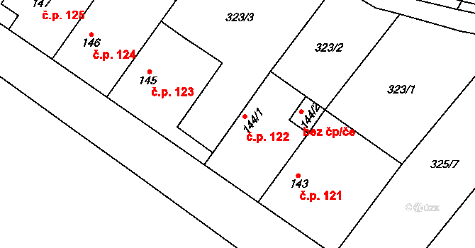Střelice 122, Uničov na parcele st. 144/1 v KÚ Střelice u Litovle, Katastrální mapa
