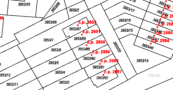 Roudnice nad Labem 2600 na parcele st. 3953/89 v KÚ Roudnice nad Labem, Katastrální mapa