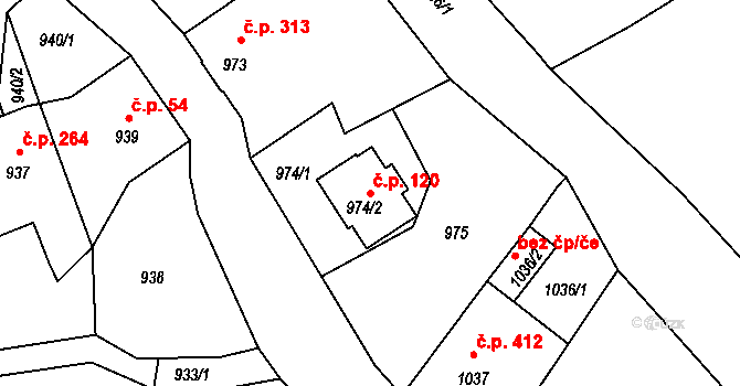 Rumburk 2-Horní Jindřichov 120, Rumburk na parcele st. 974/2 v KÚ Horní Jindřichov, Katastrální mapa