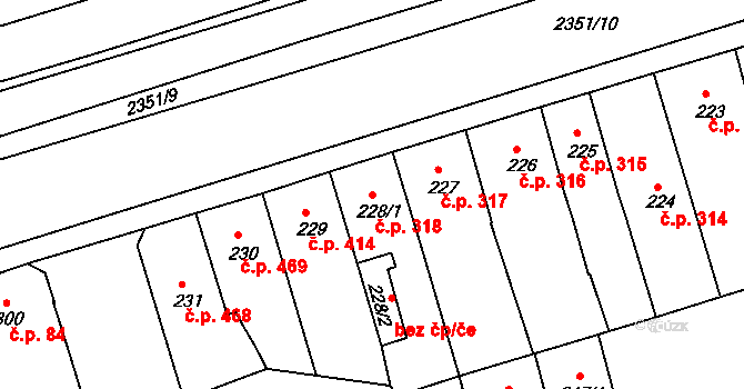 Trnovany 318, Teplice na parcele st. 228/1 v KÚ Teplice-Trnovany, Katastrální mapa