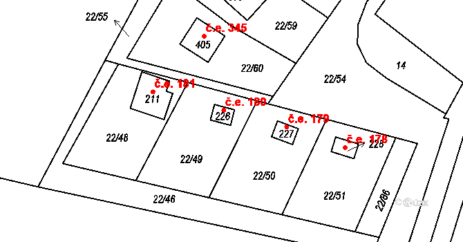 Podhoří 180, Cheb na parcele st. 226 v KÚ Podhoří u Chebu, Katastrální mapa