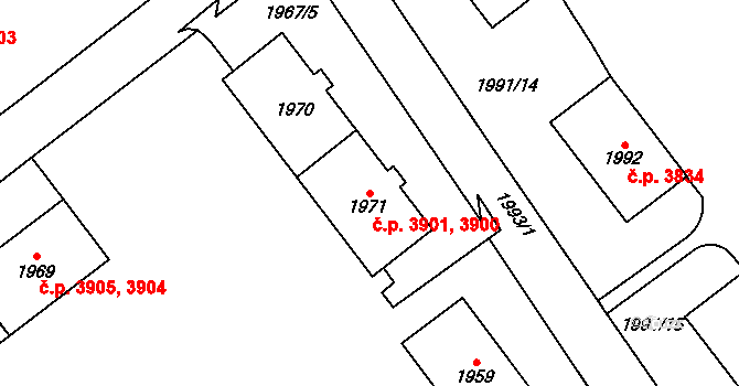 Chomutov 3900,3901 na parcele st. 1970 v KÚ Chomutov I, Katastrální mapa