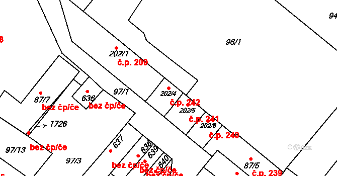 Pouchov 242, Hradec Králové na parcele st. 202/4 v KÚ Pouchov, Katastrální mapa