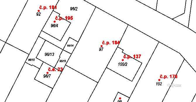 Kovalovice 184 na parcele st. 97 v KÚ Kovalovice, Katastrální mapa