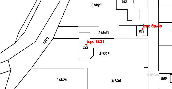 Předklášteří 1431 na parcele st. 623 v KÚ Předklášteří, Katastrální mapa
