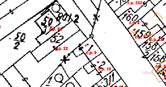 Žiželice 9 na parcele st. 1 v KÚ Žiželice nad Cidlinou, Katastrální mapa