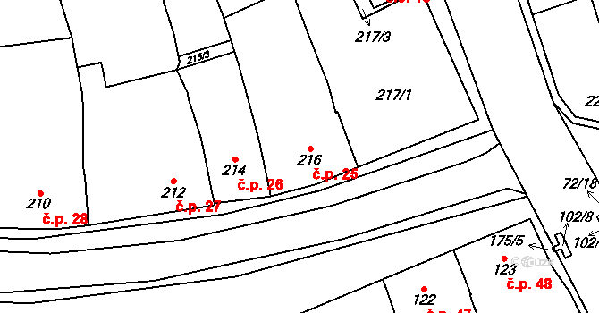 Malešovice 25 na parcele st. 216 v KÚ Malešovice, Katastrální mapa