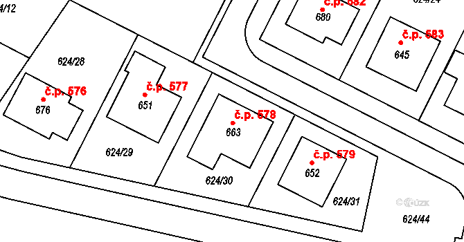 Smržice 578 na parcele st. 663 v KÚ Smržice, Katastrální mapa