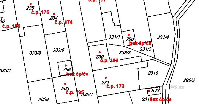 Louky 166, Zlín na parcele st. 230 v KÚ Louky nad Dřevnicí, Katastrální mapa
