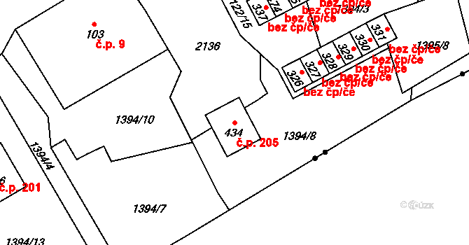 Kájov 205 na parcele st. 434 v KÚ Kladné, Katastrální mapa