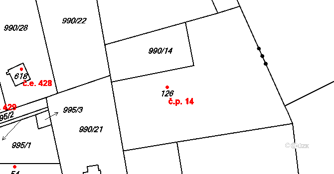 Pyskočely 14, Vlkančice na parcele st. 126 v KÚ Vlkančice, Katastrální mapa