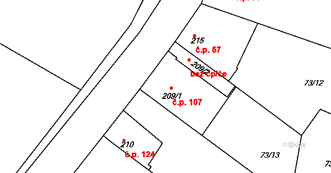 Byškovice 107, Neratovice na parcele st. 209/1 v KÚ Byškovice, Katastrální mapa