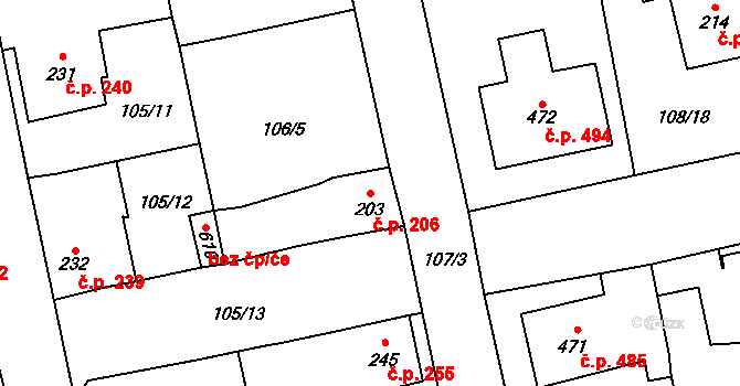 Rudná 206 na parcele st. 203 v KÚ Dušníky u Rudné, Katastrální mapa