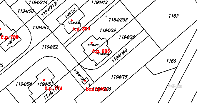 Krásné Pole 805, Ostrava na parcele st. 1194/206 v KÚ Krásné Pole, Katastrální mapa