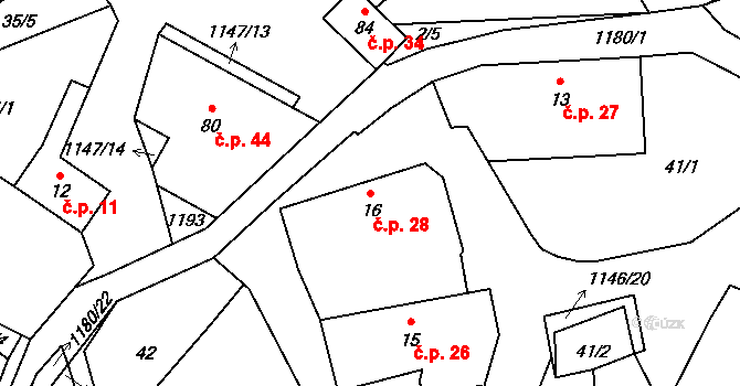 Bošice 28 na parcele st. 16 v KÚ Bošice, Katastrální mapa