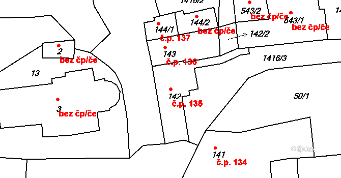 Lhenice 135 na parcele st. 142 v KÚ Lhenice, Katastrální mapa