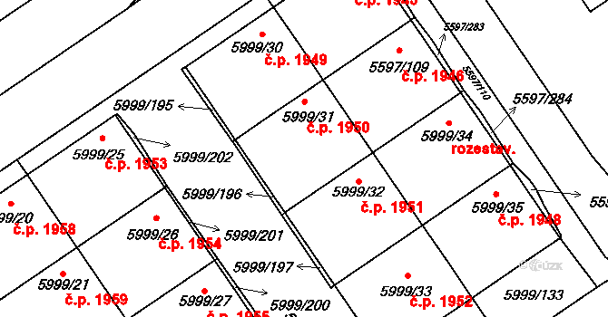 Velké Meziříčí 1950 na parcele st. 5999/31 v KÚ Velké Meziříčí, Katastrální mapa