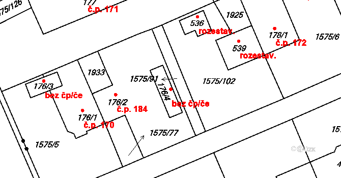 Hrádek 89004337 na parcele st. 176/4 v KÚ Hrádek u Rokycan, Katastrální mapa