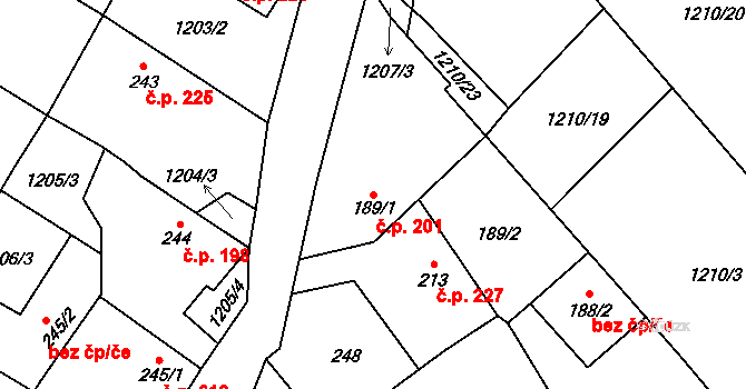 Kryry 201 na parcele st. 189/1 v KÚ Kryry, Katastrální mapa
