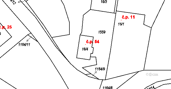 Prostřední Lhota 54, Chotilsko na parcele st. 16/4 v KÚ Prostřední Lhota, Katastrální mapa
