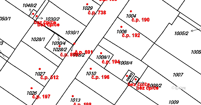 Lednice 194 na parcele st. 1008/1 v KÚ Lednice na Moravě, Katastrální mapa