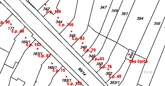 Rychlov 70, Bystřice pod Hostýnem na parcele st. 346 v KÚ Rychlov u Bystřice pod Hostýnem, Katastrální mapa
