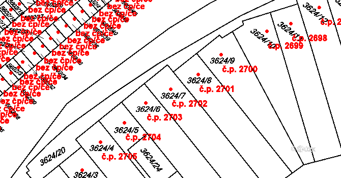Znojmo 2702 na parcele st. 3624/7 v KÚ Znojmo-město, Katastrální mapa