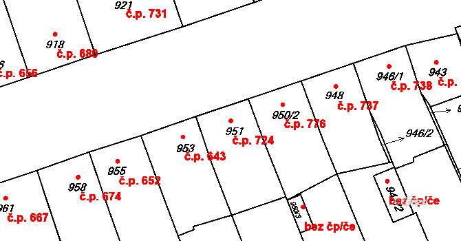 Lužice 724 na parcele st. 951 v KÚ Lužice u Hodonína, Katastrální mapa
