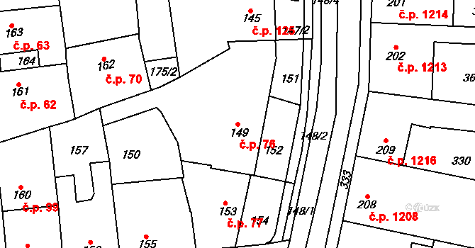 Švermov 76, Kladno na parcele st. 149 v KÚ Motyčín, Katastrální mapa