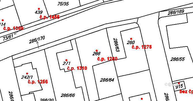 Švermov 1280, Kladno na parcele st. 266 v KÚ Hnidousy, Katastrální mapa