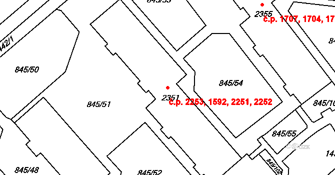 Blansko 1592,2251,2252,2253 na parcele st. 2351 v KÚ Blansko, Katastrální mapa