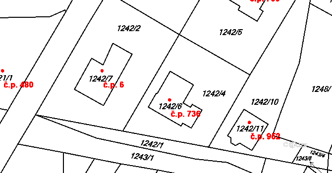 Kosmonosy 736 na parcele st. 1242/6 v KÚ Kosmonosy, Katastrální mapa