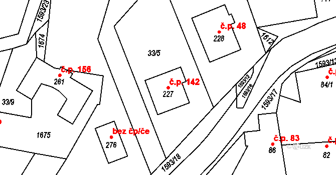 Kladeruby 142 na parcele st. 227 v KÚ Kladeruby, Katastrální mapa