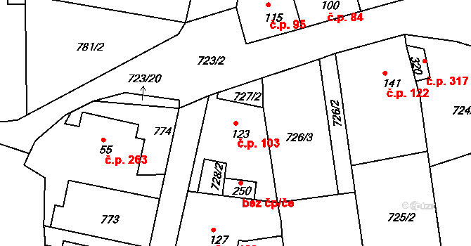 Unčín 103, Krupka na parcele st. 123 v KÚ Unčín u Krupky, Katastrální mapa