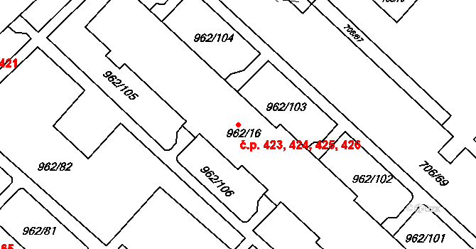 Frýdek 423,424,425,426, Frýdek-Místek na parcele st. 962/16 v KÚ Frýdek, Katastrální mapa