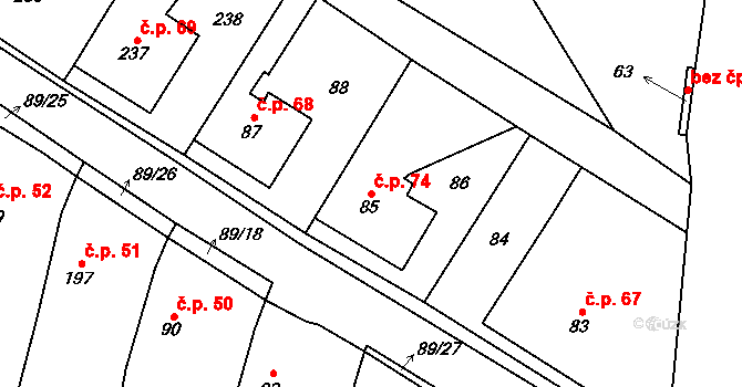 Lhota u Příbramě 74 na parcele st. 85 v KÚ Lhota u Příbramě, Katastrální mapa