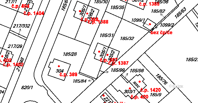 Sezimovo Ústí 387 na parcele st. 305/1 v KÚ Sezimovo Ústí, Katastrální mapa
