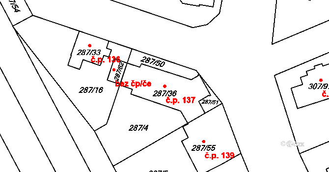 Hlušovice 137 na parcele st. 287/36 v KÚ Hlušovice, Katastrální mapa