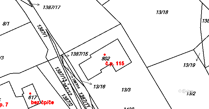Otín 115, Jindřichův Hradec na parcele st. 802 v KÚ Otín u Jindřichova Hradce, Katastrální mapa