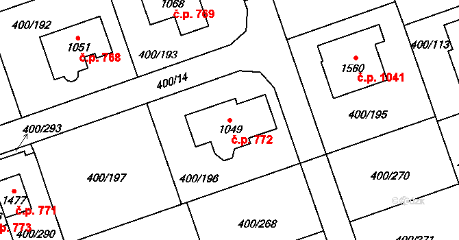 Horoměřice 772 na parcele st. 1049 v KÚ Horoměřice, Katastrální mapa