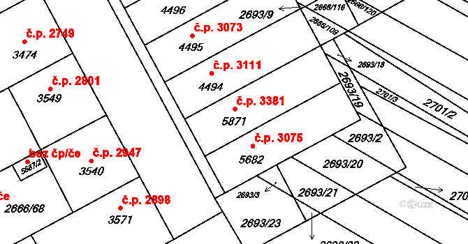 Břeclav 3381 na parcele st. 5871 v KÚ Břeclav, Katastrální mapa