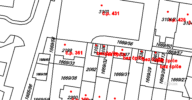 Třebíč 44137338 na parcele st. 3105 v KÚ Třebíč, Katastrální mapa