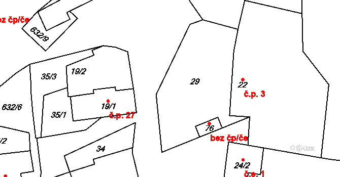 Zvěstov 45393338 na parcele st. 76 v KÚ Bořkovice, Katastrální mapa