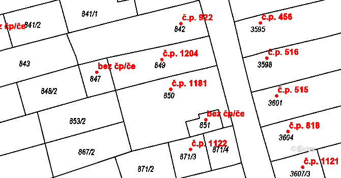 Vlčnov 1181 na parcele st. 850 v KÚ Vlčnov, Katastrální mapa
