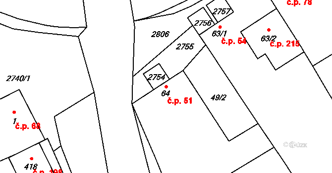 Veletiny 51 na parcele st. 64 v KÚ Veletiny, Katastrální mapa