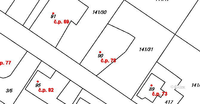 Třibřichy 78 na parcele st. 90 v KÚ Třibřichy, Katastrální mapa