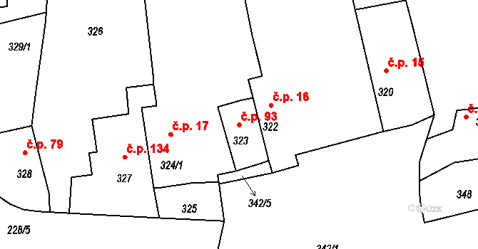 Průhonice 93 na parcele st. 323 v KÚ Průhonice, Katastrální mapa