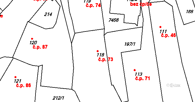Pocinovice 73 na parcele st. 118 v KÚ Pocinovice, Katastrální mapa