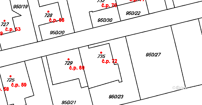 Jezbiny 72, Jaroměř na parcele st. 735 v KÚ Jezbiny, Katastrální mapa